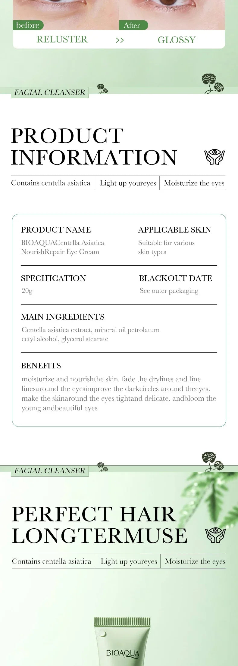Centella Asiatica Eye Cream Moisturizes Tightens Lightens Dark Circles Eye Cosmetics Smooth Eye Lines Nourishes Makeup