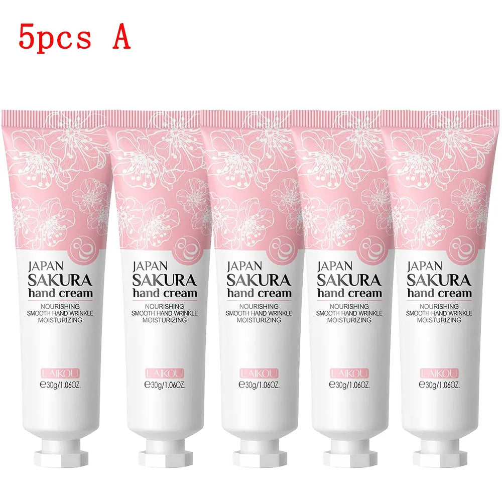 5pcs Sakura/Collagen Hand Cream Hydrating Moisturizing Cherry Blossom Essential Oil Deep Repairing Smoothing Hand Care Cream