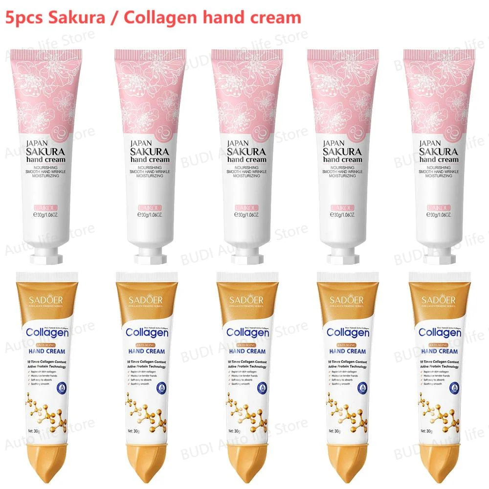 5pcs Sakura/Collagen Hand Cream Hydrating Moisturizing Cherry Blossom Essential Oil Deep Repairing Smoothing Hand Care Cream