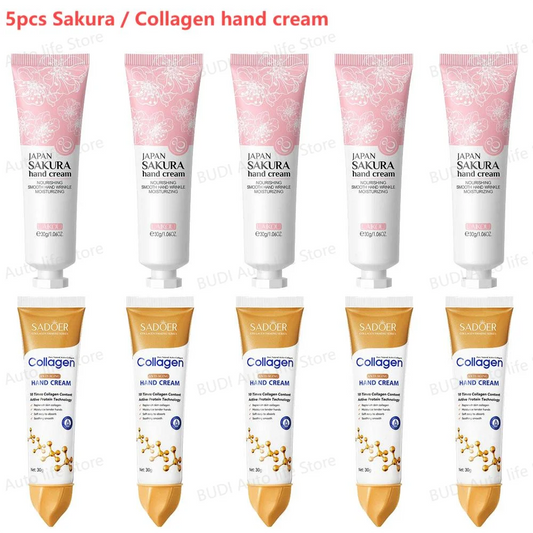 5pcs Sakura/Collagen Hand Cream Hydrating Moisturizing Cherry Blossom Essential Oil Deep Repairing Smoothing Hand Care Cream